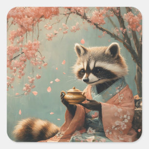 Adesivo Quadrado Raccoon Buddha: Chá Pacífico Sob Árvore Cerejeira
