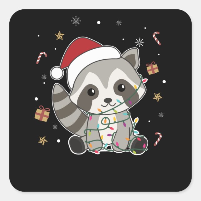Adesivo Quadrado Raccoon Christmas Snow Winter Raccoons (Frente)