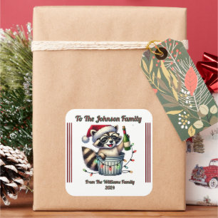 Adesivo Quadrado Raccoon com Luzes de Natal no Presente