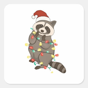 Adesivo Quadrado Raccoon Felry Christmas Lights Santa Hat Xmas Snow