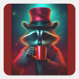 Adesivo Quadrado Raccoon Vestido Em Um Café De Bebendo Vermelho