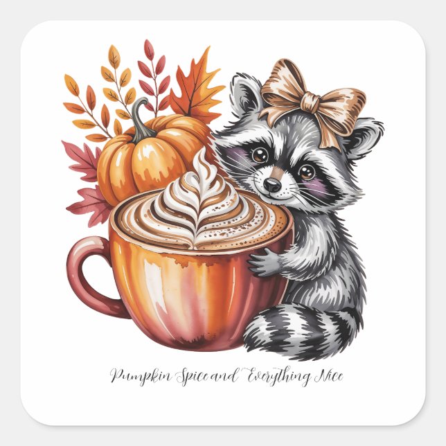 Adesivo Quadrado Raccoon with Pumpkin Latte Fall Season Sticker (Frente)
