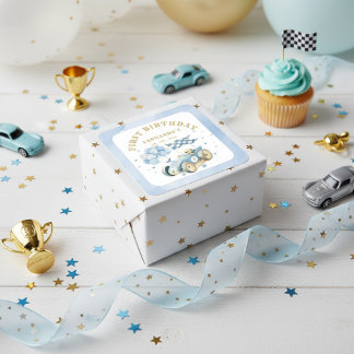 Adesivo Quadrado Race Car Blue Watercolor Boy First Birthday