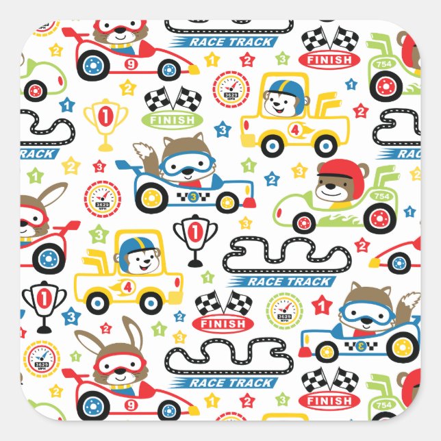 Adesivo Quadrado Race Cars & Animal Cartoon Padrões (Frente)