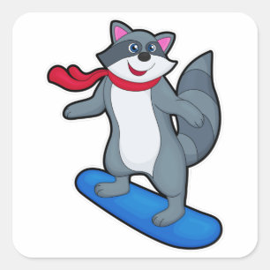 Adesivo Quadrado Racoon como Snowboarder com Snowboard e Scarf