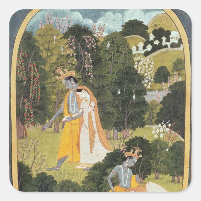 Adesivo Quadrado Radha e Krishna andando em um bosque (Frente)
