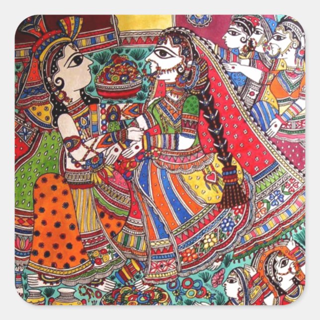ADESIVO QUADRADO RADHA KRISHNA HINDU DEUS MADHUBANI ART STYLE (Frente)
