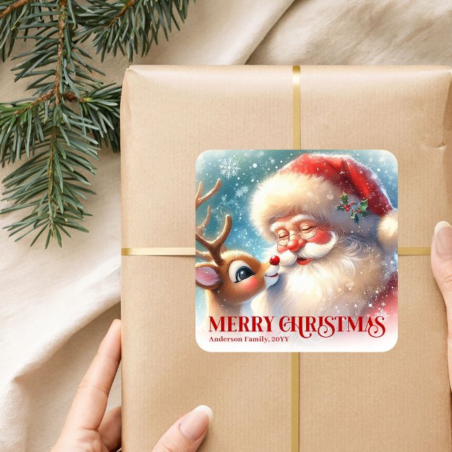 Adesivo Quadrado Radiant Personalized Santa and Rudolph Holiday   (Radiant Personalized Santa and Rudolph Holiday Sticker)