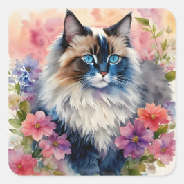 Adesivo Quadrado Ragdoll Cat Retrato Floral