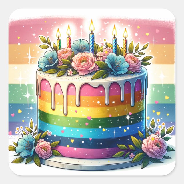 Adesivo Quadrado Rainbow Cake Happy Birday (Frente)