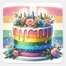 Adesivo Quadrado Rainbow Cake Happy Birday