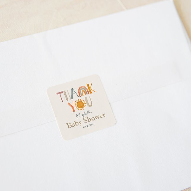 Adesivo Quadrado Rainbow e Sunshine Obrigado Chá de fraldas (Criador carregado)