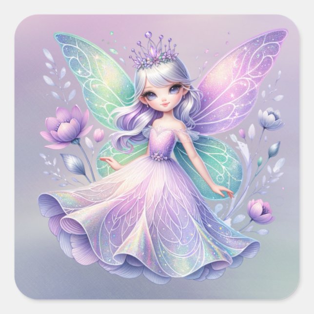 Adesivo Quadrado Rainbow Fairy Princess com Peony Floral Girl (Frente)