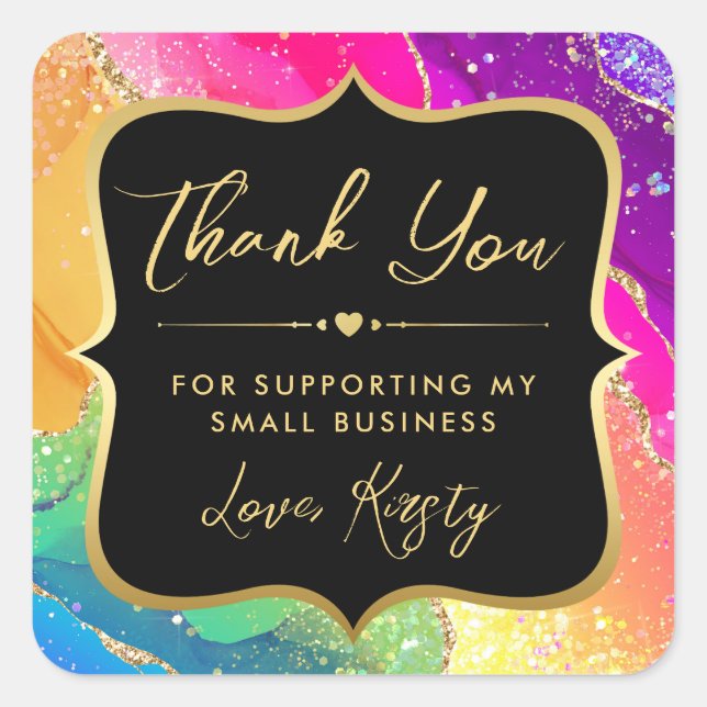 Adesivo Quadrado Rainbow Glitter Agate e pequenas empresas Douradas (Frente)