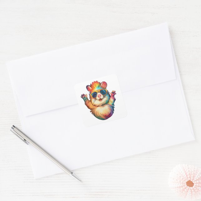 Adesivo Quadrado Rainbow Hamster Peace Vibes (Envelope)