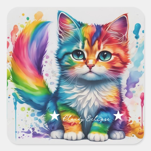 Adesivo Quadrado Rainbow Kitten Painter (Frente)