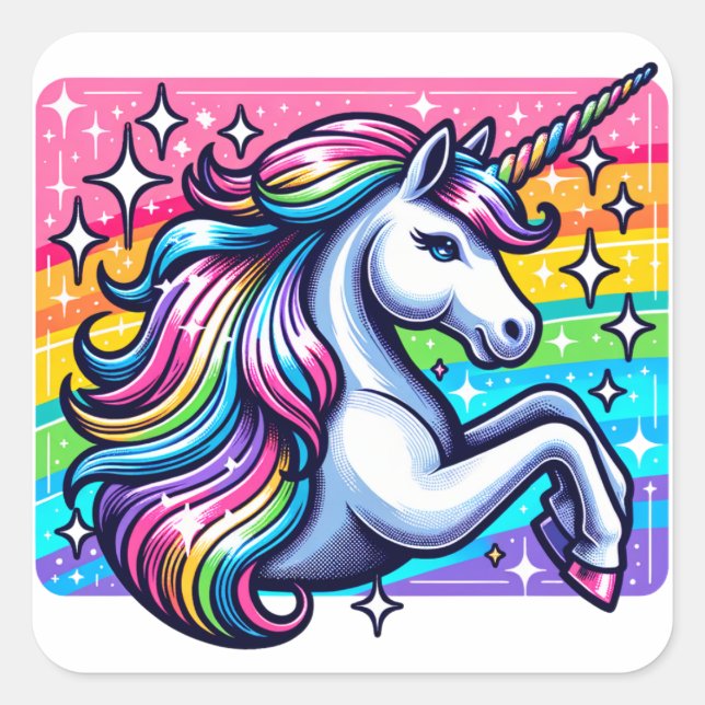 Adesivo Quadrado Rainbow Sparkles e Magical Unicorn (Frente)