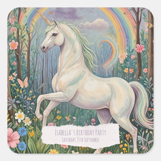 Adesivo Quadrado Rainbow Unicorn Birthday (Frente)