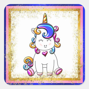 Adesivo Quadrado Rainbow Unicorn Blue, Dourado brilho