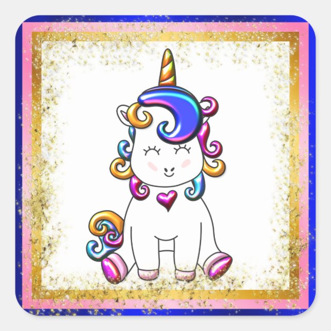 Adesivo Quadrado Rainbow Unicorn Blue, Dourado brilho (Frente)