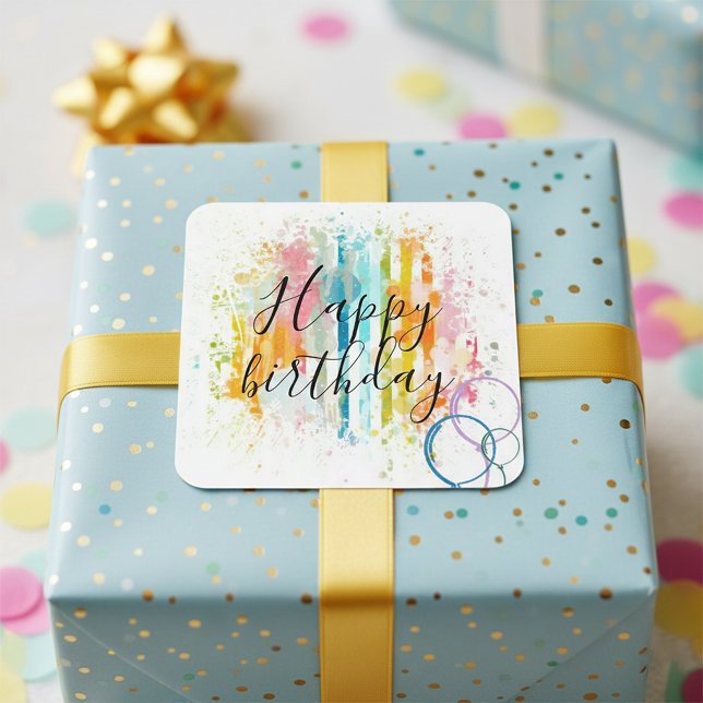 Adesivo Quadrado Rainbow Watercolor Striters e Paint Splatters (Criador carregado)