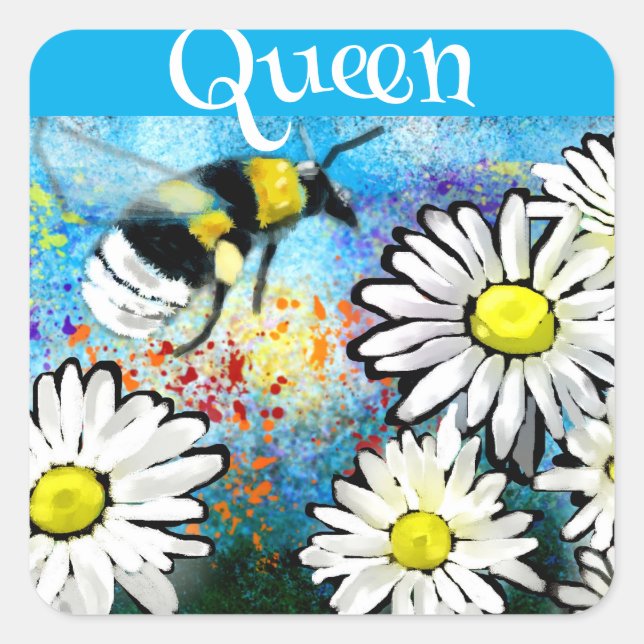 Adesivo Quadrado Rainha Bee Whimsical Bumblebee em pintura de Daisi (Frente)