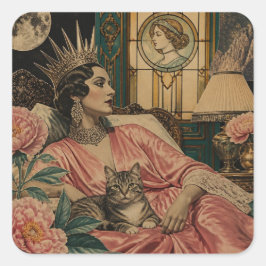 Adesivo Quadrado Rainha do Conto de Fadas Retro e Seu Gato na Cama