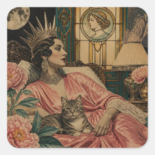 Adesivo Quadrado Rainha do Conto de Fadas Retro e Seu Gato na Cama