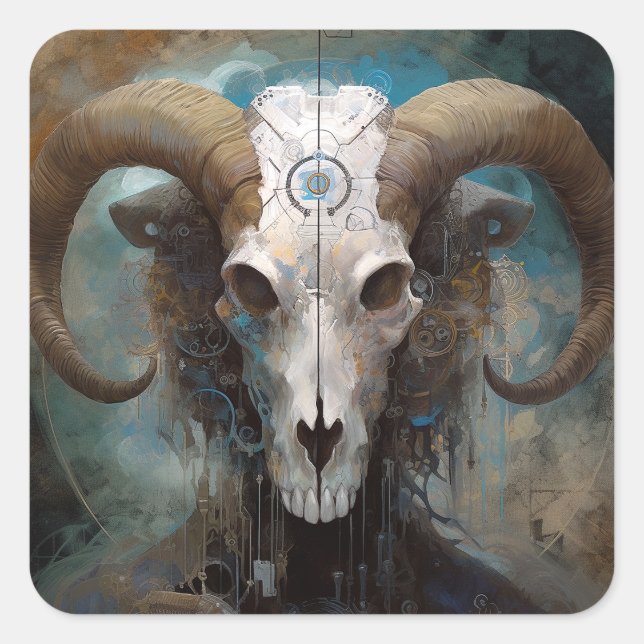 Adesivo Quadrado Ram Skull Surreal Fantasy Art (Frente)