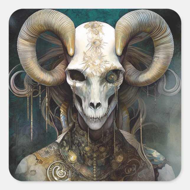 Adesivo Quadrado Ram Skull Surreal Fantasy Art (Frente)