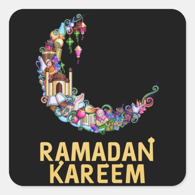 Adesivo Quadrado Ramadan Kareem Mubarak Moon em Festa (Frente)