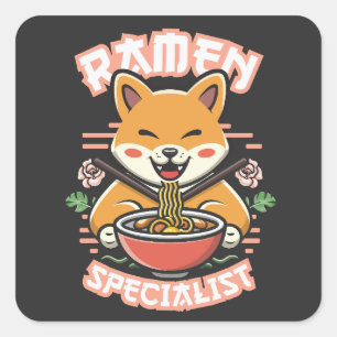 Adesivo Quadrado Ramen Inu - Especialista Shiba Inu Comendo Ramen