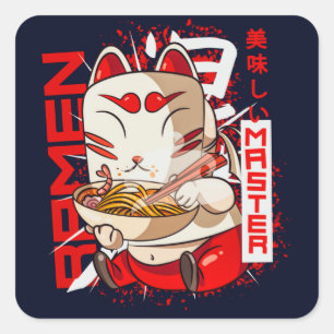 Adesivo Quadrado Ramen Master Kitsune Kawaii Fox