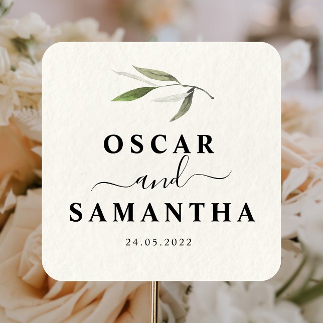 Adesivo Quadrado Ramo de Oliveira Verde Aquarela Moderna (Criador carregado)