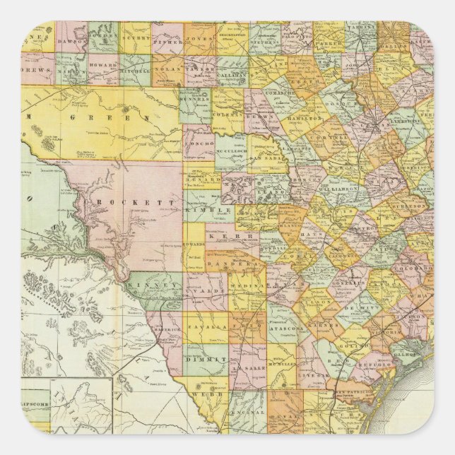 Adesivo Quadrado Rand McNally Railroad E County Map Do Texas (Frente)