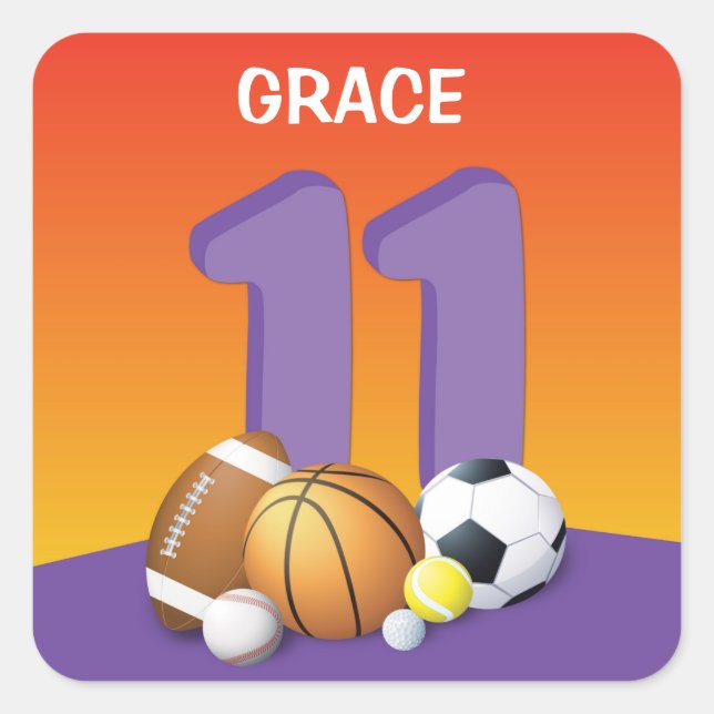 Adesivo Quadrado Rapariga 11 Birthday Sports Balls (Frente)