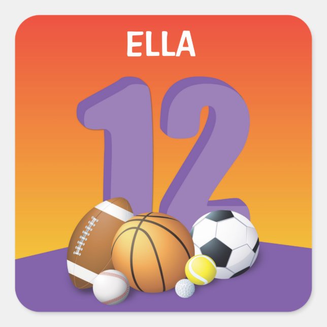 Adesivo Quadrado Rapariga 12 Birthday Sports Balls (Frente)