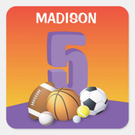 Adesivo Quadrado Rapariga 5 Birthday Sports Balls