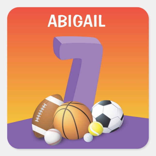 Adesivo Quadrado Rapariga 7 Birthday Sports Balls (Frente)