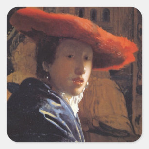 Adesivo Quadrado Rapariga com chapéu vermelho, c.1665 (óleo no pain