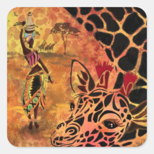 Adesivo Quadrado Rapariga e Girafa Africanas - Amigos - Desenho de 