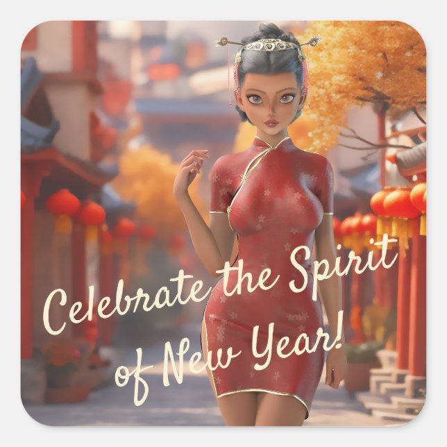 Adesivo Quadrado Rapariga Exótica Celebrando Ano Novo Chinês (Frente)