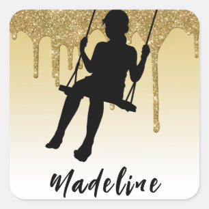 Adesivo Quadrado Rapariga no bosque Dourado com brilho