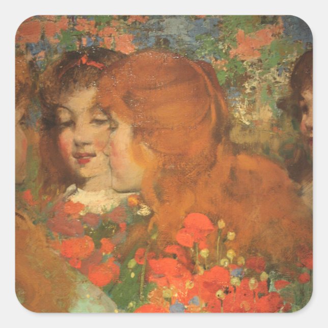 Adesivo Quadrado Raparigas com papagaios vermelhos (por George Henr (Frente)