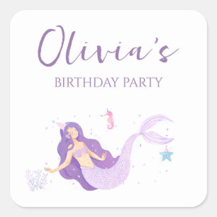 Adesivo Quadrado Raparigas Roxas Sereias Personalizadas Aniversário