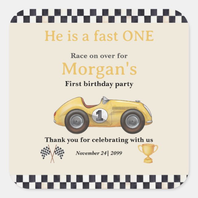 Adesivo Quadrado Rapazes de Raça Amarela Rápida Primeira Festa de a (Frente)