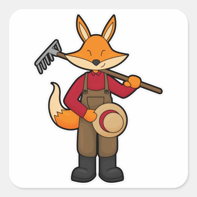 Adesivo Quadrado Raposa como agricultor com Rake & Hat (Frente)