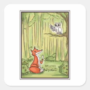 Adesivo Quadrado Raposa e Coruja numa Floresta