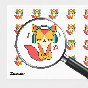 Adesivo Quadrado Raposa feliz com fones de ouvido ouvindo música.