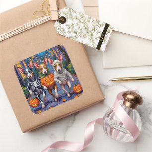 Adesivo Quadrado Rat Terrier Trick-or-Tratating Halloween Costumes